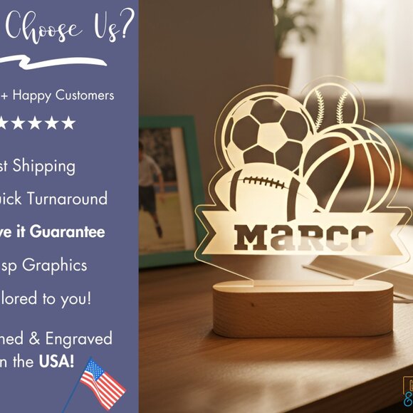 Personalized Sports Night Light | Custom Baseball, Football, Basketball & Soccer - Picture 4 of 8